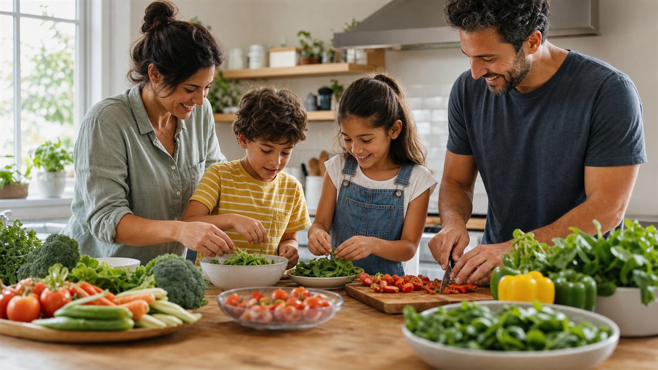 Family preparing a healthy meal together at home